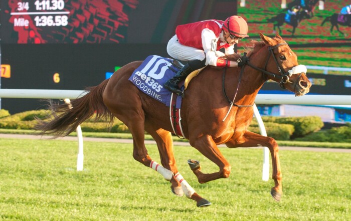 Regal Moment and jockey Pietro Moran winning Race 2 on Oct. 2, 2025 at Woodbine (Michael Burns Photo)