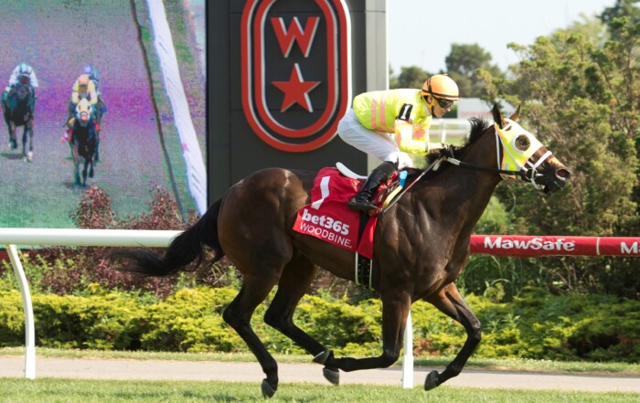 Rhaenyra and jockey Pietro Moran winning the Georgian Bay Stakes on June 22, 2025 at Woodbine (Michael Burns Photo)